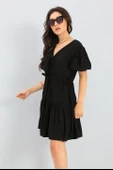 Elbise Balon Kol Beli Büzgülü - Siyah thumbnail 5