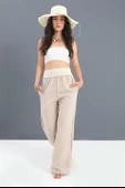 Pantolon Beli Örme Detaylı Bol Paça - Bej thumbnail 1