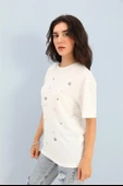T-shirt Bisiklet Yaka Halka ve Taş Detaylı - Ekru thumbnail 2