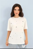 T-shirt Bisiklet Yaka Halka ve Taş Detaylı - Ekru thumbnail 1
