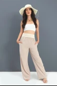Pantolon Beli Örme Detaylı Bol Paça - Bej thumbnail 4