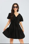 Elbise Balon Kol Beli Büzgülü - Siyah thumbnail 4