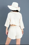 Pamuk Keten Şort Gömlek Kadın İkili Takım - Taş thumbnail 5