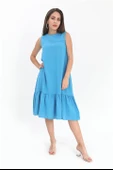 Kristal Keten Kolsuz Kadın Salaş Elbise - Mavi thumbnail 3