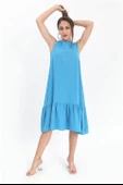Kristal Keten Kolsuz Kadın Salaş Elbise - Mavi thumbnail 2