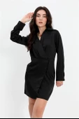 Elbise Kruvaze Yaka Düğmeli Saten - Siyah thumbnail 1