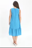 Kristal Keten Kolsuz Kadın Salaş Elbise - Mavi thumbnail 4