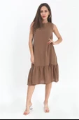 Kristal Keten Kolsuz Kadın Salaş Elbise - Kahverengi thumbnail 2