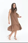 Kristal Keten Kolsuz Kadın Salaş Elbise - Kahverengi thumbnail 1