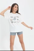 Tshirt Göz Baskılı Bisiklet Yaka - Ekru thumbnail 1