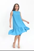 Kristal Keten Kolsuz Kadın Salaş Elbise - Mavi thumbnail 1