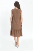 Kristal Keten Kolsuz Kadın Salaş Elbise - Kahverengi thumbnail 4