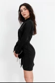 Elbise Kruvaze Yaka Düğmeli Saten - Siyah thumbnail 4
