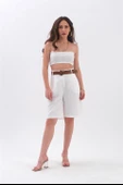 Şort Yüksek Bel Kemerli Bermuda - Ekru thumbnail 2