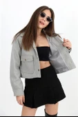 Çıtçıtlı Melanjlı Kısa Ceket - Gri thumbnail 4