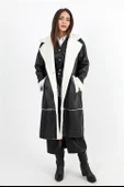 Kaban Kruvaze Yaka İçi Peluş Cepli Süet Uzun - Siyah-Ekru - 2