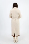 Kruvaze Yaka Fleto Cepli Uzun Kaban - Ekru - 5