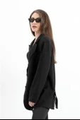 Arkası Çift Yırtmaç Keten Ceket - Siyah thumbnail 4