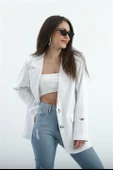 Üç Cep Kapaklı Çizgili Poliviskon Ceket - Ekru thumbnail 2