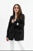 Üç Cep Kapaklı Çizgili Poliviskon Ceket - Siyah thumbnail 3