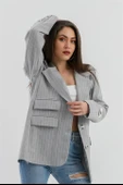 Üç Cep Kapaklı Çizgili Poliviskon Ceket - Gri thumbnail 1