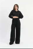 Yüksek Bel Cepli Krinkıl Kumaş Pantolon - Siyah thumbnail 1