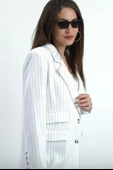 Üç Cep Kapaklı Çizgili Poliviskon Ceket - Ekru thumbnail 6
