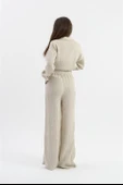 Yüksek Bel Cepli Krinkıl Kumaş Pantolon - Taş - 3