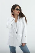 Üç Cep Kapaklı Çizgili Poliviskon Ceket - Ekru thumbnail 1