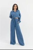Yüksek Bel Cepli Krinkıl Kumaş Pantolon - İndigo thumbnail 1