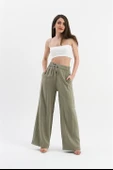 Parlak Keten Cepli Beli Lastikli Pantolon - Haki thumbnail 2