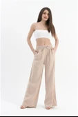 Parlak Keten Cepli Beli Lastikli Pantolon - Taş thumbnail 3
