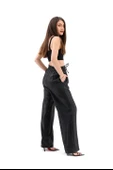 Parlak Keten Cepli Beli Lastikli Pantolon - Siyah thumbnail 5