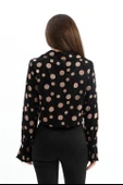 Omuzları Vatkalı Kolları Volanlı Puantiyeli Saten Gömlek - Siyah-Camel thumbnail 5