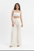 Yüksek Bel Bol Paça Keten Pantolon - Ekru thumbnail 2