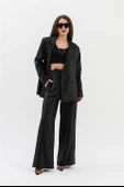 Parlak Keten Cepli Beli Lastikli Pantolon - Siyah thumbnail 4