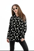 Düşük Kol Puantiye Desen Saten Gömlek - Siyah-Ekru thumbnail 3