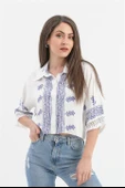 Antik Desenli Kolları Püsküllü Gömlek - SaksMavisi thumbnail 1