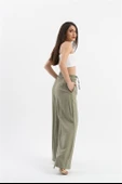 Parlak Keten Cepli Beli Lastikli Pantolon - Haki thumbnail 3