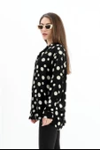 Düşük Kol Puantiye Desen Saten Gömlek - Siyah-Ekru thumbnail 5
