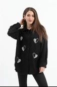 Taşlı Kalp İşlemeli Keten Gömlek - Siyah thumbnail 1