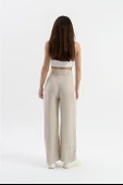 Yüksek Bel Bol Paça Keten Pantolon - Taş thumbnail 4