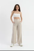 Yüksek Bel Bol Paça Keten Pantolon - Taş thumbnail 2