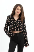 Omuzları Vatkalı Kolları Volanlı Puantiyeli Saten Gömlek - Siyah-Camel thumbnail 1