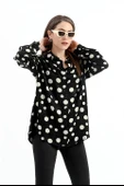 Düşük Kol Puantiye Desen Saten Gömlek - Siyah-Ekru thumbnail 2