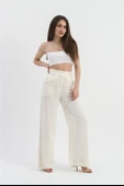 Yüksek Bel Bol Paça Keten Pantolon - Ekru thumbnail 1