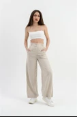 Yüksek Bel Bol Paça Keten Pantolon - Taş thumbnail 1