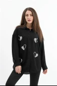 Taşlı Kalp İşlemeli Keten Gömlek - Siyah thumbnail 3