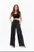 Parlak Keten Cepli Beli Lastikli Pantolon - Siyah thumbnail 2