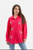 Taşlı Kalp İşlemeli Keten Gömlek - Fuşya thumbnail 2